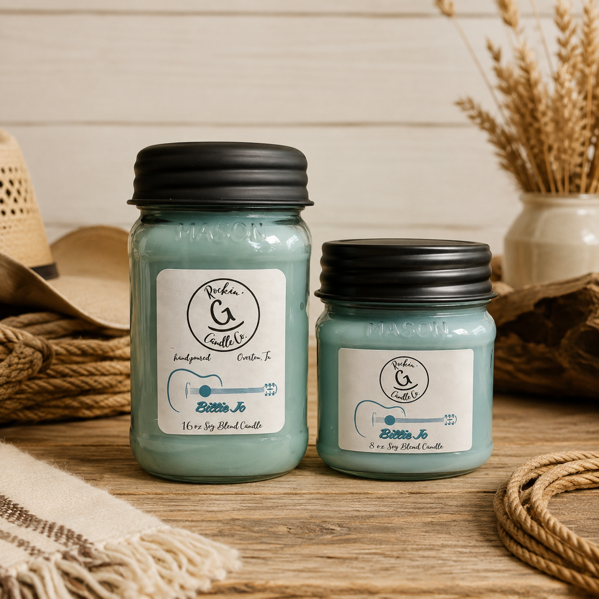 Rockin' G Candle Co. Billie Jo candle collection with 8 oz and 16 oz mason jar candles
