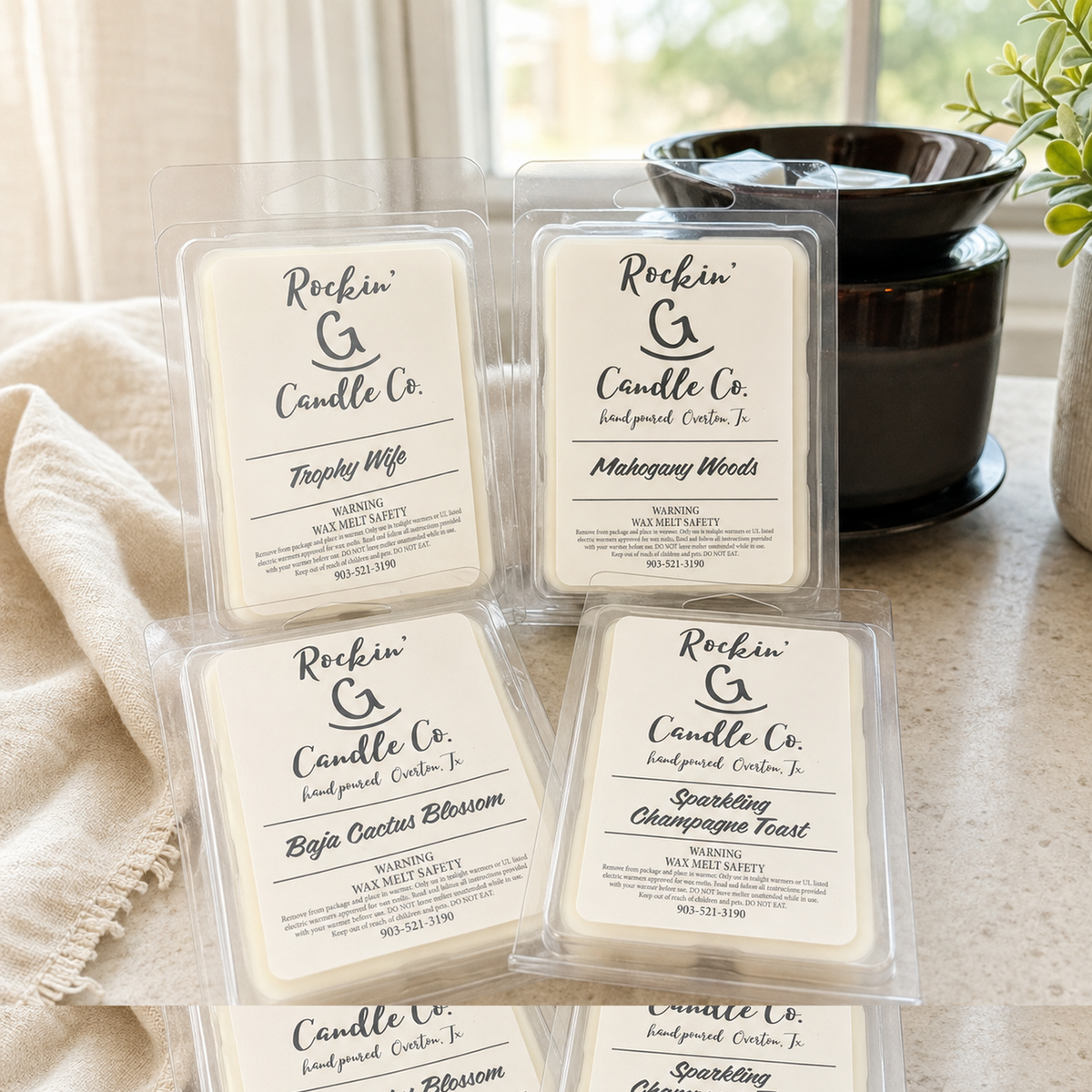 Trophy Wife, Mahogany Woods, Baja Cactus Blossom, and Sparkling Champagne Toast wax melts