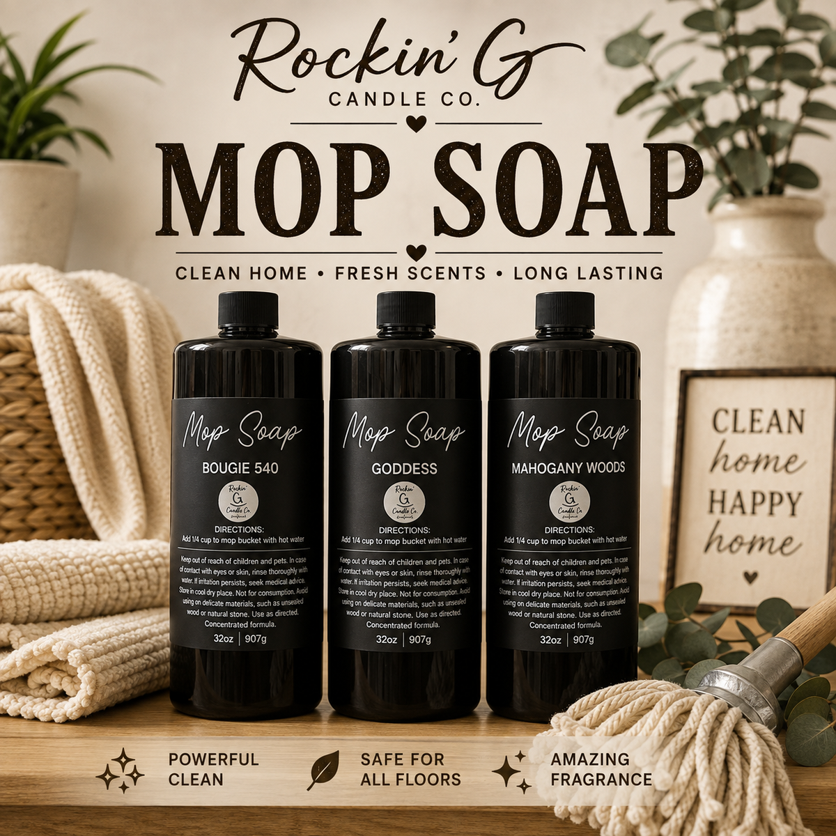 Rockin' G Candle Co. Mop Soap collection featuring Bougie 540, Goddess, and Mahogany Woods